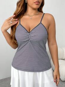 INAWLY Plus Size Women Striped Print Ruched Casual Cami Top - Black and White - View 2