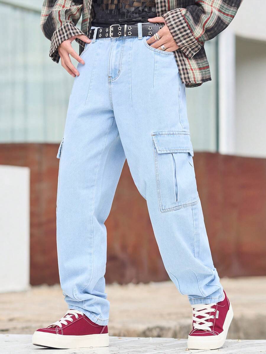 Manfinity Hypemode Plus Size Men's Casual Simple Multiple Pockets Cargo Denim Jeans - Light Wash - View 1