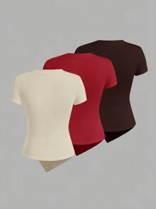 SHEIN Essnce 3pcs Round Neck Plain Color Frill Asymmetric Hem Short Sleeve T-Shirt - Multicolor - View 2