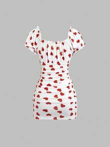 Sweetra 女士春夏性感紧身心形印花褶皱腰迷你连衣裙，适合情人节 - 紅白色 - 查看 2