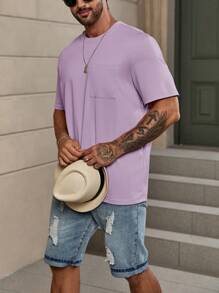 Manfinity Homme Men's Solid Color Round Neck Short Sleeve Pocket Casual Top - Purple - View 5