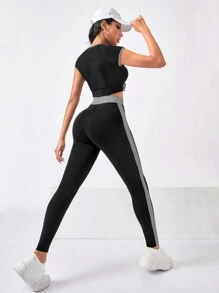 SHEIN Dewbera 2 件/套女士修身运动服套装：拉链圆领短袖上衣和长裤女士健身套装女士紧身裤套装 - 彩色 - 查看 2