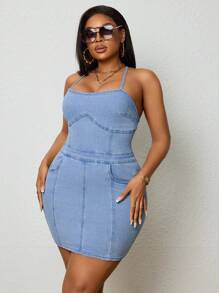 SHEIN SXY 大码休闲牛仔连衣裙，简约时尚，适合日常穿着 - 藍色 - 查看 4