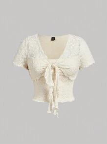 SHEIN MOD 大码女式奶油色荷叶边饰边系带短袖 T 恤 - 杏色 - 查看 1