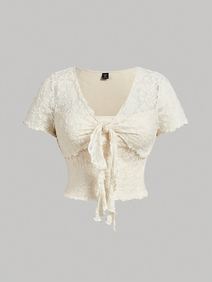 SHEIN MOD 大码女式奶油色荷叶边饰边系带短袖 T 恤 - 杏色 - 查看 1