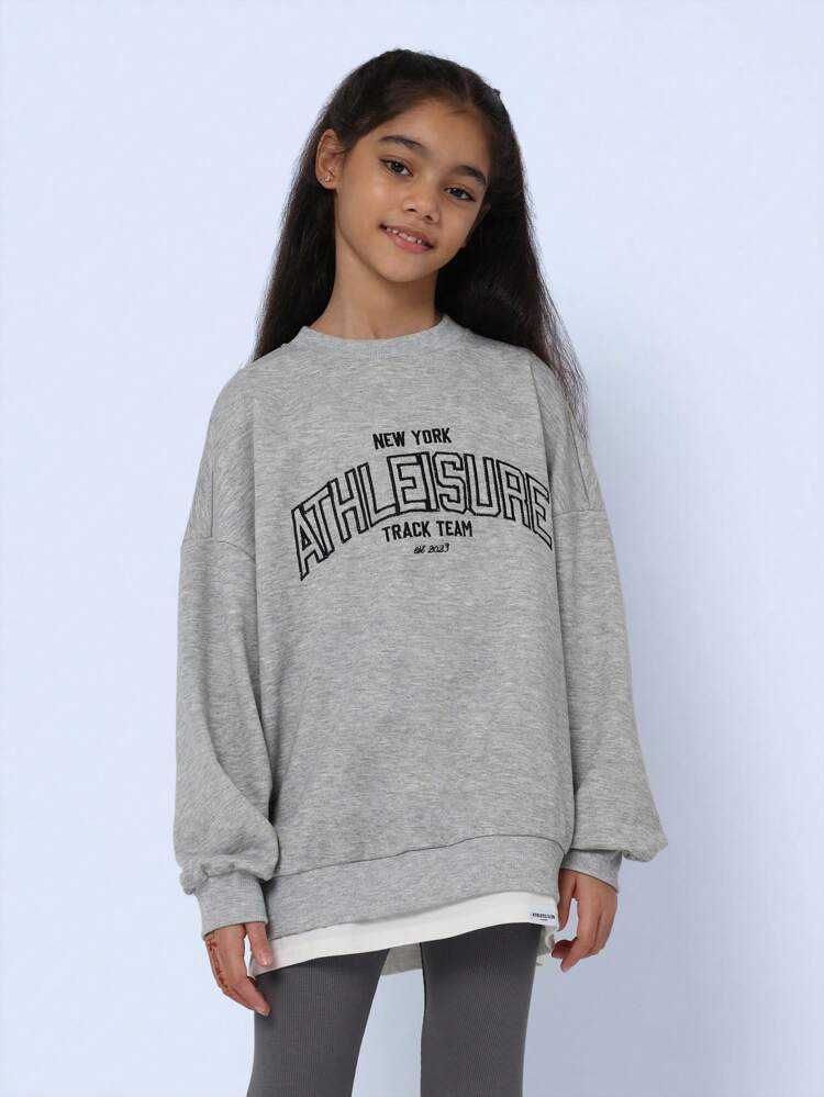 ティーン女の子 ラフィーグレー オーバーサイズフィットスウェットシャツ 刺繍パターン リブレギンス 2点セット