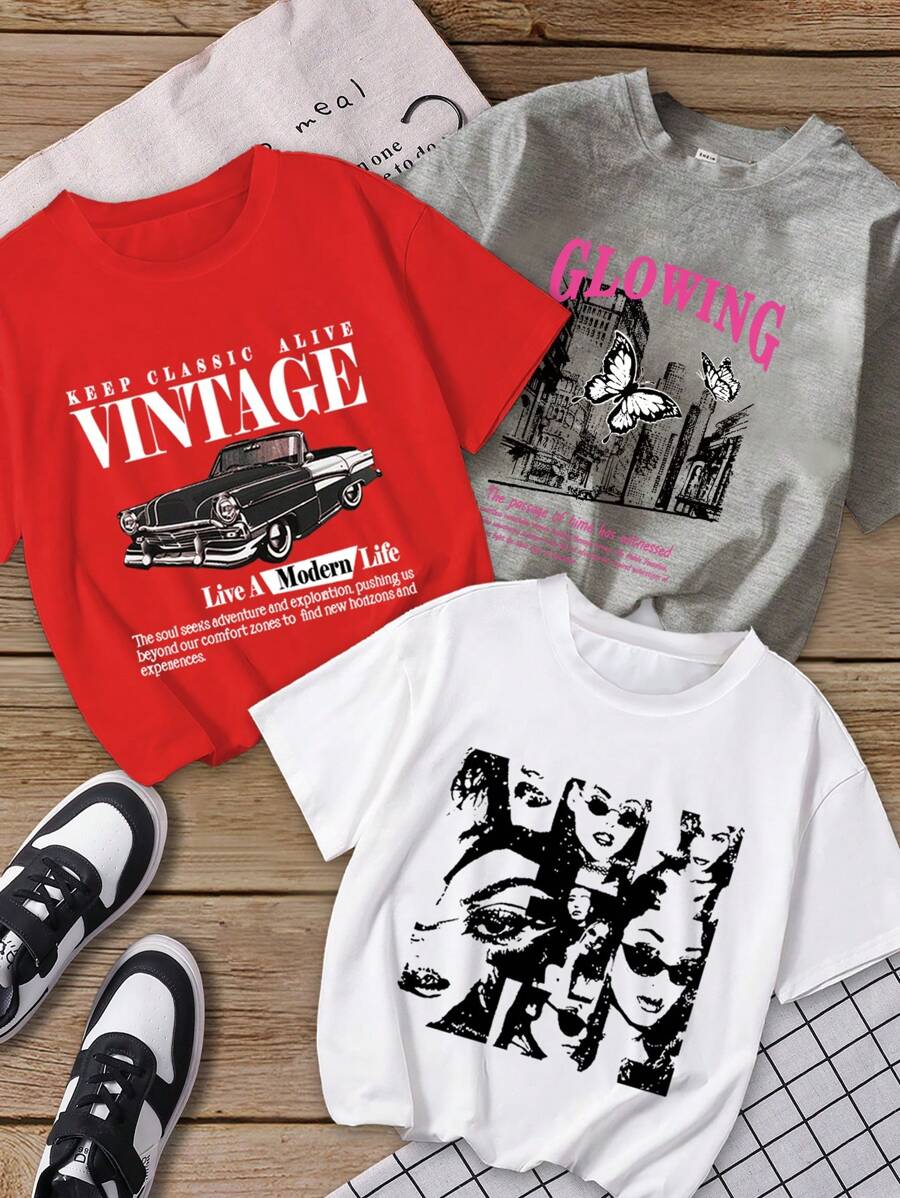 3pcs Pack Girls' Urban Girl With Sunglasses, Butterfly & Car Print Short Sleeve Round Neck T-Shirt, Red/White/Gray - Multicolor - View 1