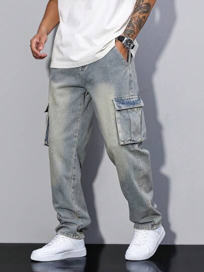 Manfinity Homme Men's Casual Street Flap Pocket Loose Straight Leg Cargo Denim Jeans, Plain Long Distressed Straight Leg Cargo Light Blue Cargo Jeans, For Husband, Boyfriend Gifts Going Out Hang Out Commute College National Park