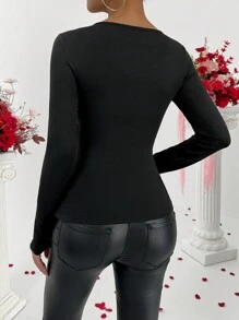 Calvaya Camiseta de manga larga con cuello redondo, ajustada, para mujer, con panel de malla en contraste en forma de corazón