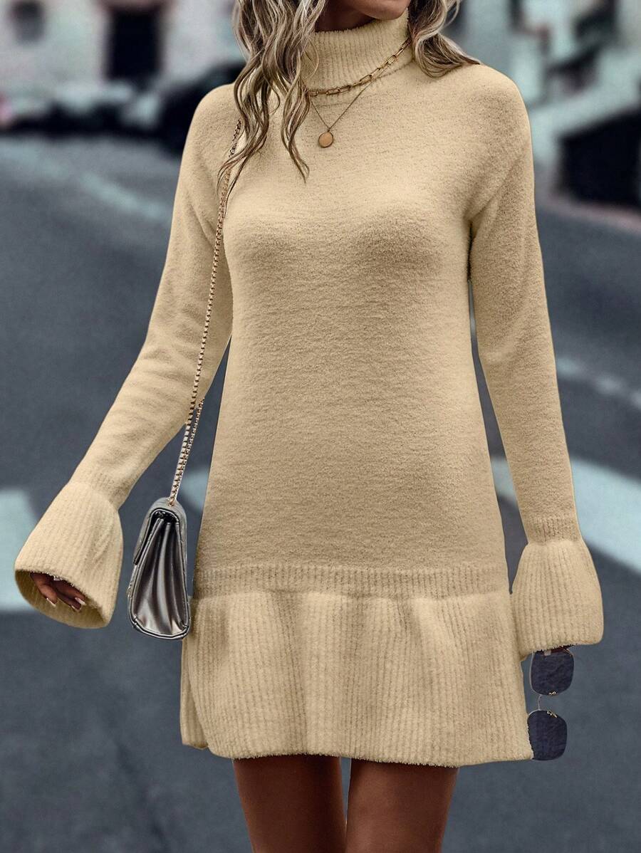 SHEIN Unity 女士纯色高领长袖简约休闲短款毛衣连衣裙 - 卡其色 - 查看 1