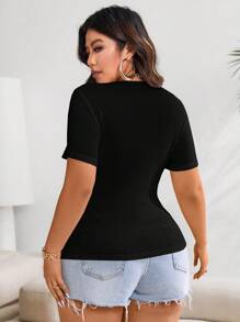 EMERY ROSE Plus Size Solid Color Front Tie Short Sleeve Casual Top - Black - View 2