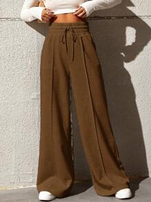 SHEIN Tall CURVE Plus Size Women Casual Drawstring Waist Loose Fit Straight Leg Pants - Brown - View 6