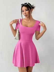 SHEIN EZwear Váy ngắn tay màu trơn cho nữ, mặc hàng ngày - Màu Hồng Tươi - Xem 6