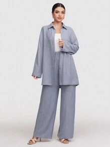 Veilorie 2pcs Women's Solid Color Front Button Up Long Sleeve Casual Top And Long Pants Set Modest - Blue - View 5