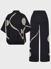 Chiquease 女士立领长袖简约毛衣上衣和长裤 2 件套 - 黑色 - 查看 2