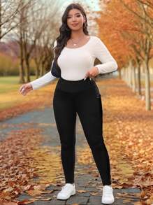 SHEIN LUNE Quần legging đen cỡ lớn có túi, trang phục thể thao thường ngày, phù hợp cho mùa thu đông, Lễ Tạ ơn, Năm mới, Xuân Hè, thường ngày. Quần legging ôm sát cạp cao co giãn, thích hợp cho thể thao ngoài trời, yoga, quần legging nâng đỡ, phù hợp cho thể thao và yoga. - Đen và trắng - Xem 3