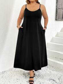 SHEIN CURVE+ Váy đen không tay cỡ lớn, Xuân/Hè, Cơ bản - màu đen - Xem 3