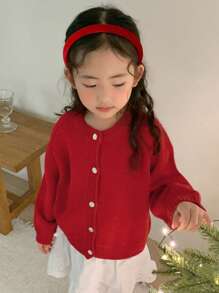 DAZY 年轻女孩纯色前扣长袖休闲上衣，适合秋季、冬季、圣诞节、新年日常穿着 - 紅色 - 查看 2