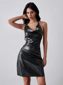 Chiquease Women's PU Material Drape Neck Metal Buckle Decor Waisted Ruched A-Line Dress - Black - View 4