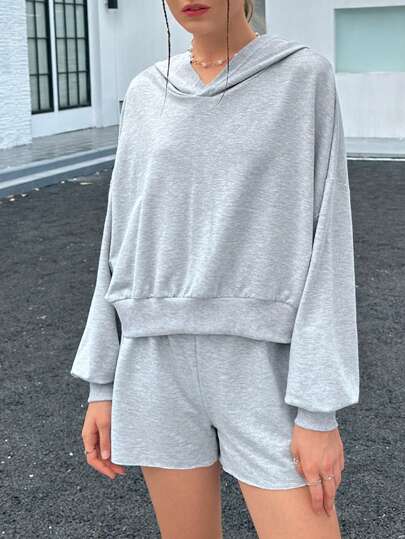 Jouncy Women 2pcs Set Casual Solid Color Hoodie And Shorts, Autumn