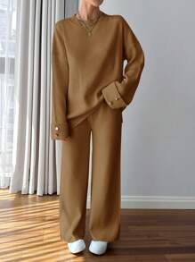 EURMUSE Women Button Detailed Sweater And Pant Set - Brown - View 6