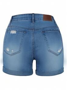 Women's Casual Side Pocket Rolled Hem Ripped Denim Shorts - Light Wash - View 5