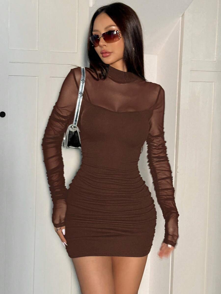 SHEIN EZwear 棕色网眼针织吊带背心二合一连衣裙 - 棕色 - 查看 1