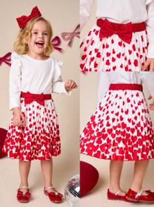 SHEIN Váy bé gái in hình trái tim đỏ và nơ trang trí, thích hợp mặc đi làm và dự tiệc Valentine. - Đỏ - Xem 1