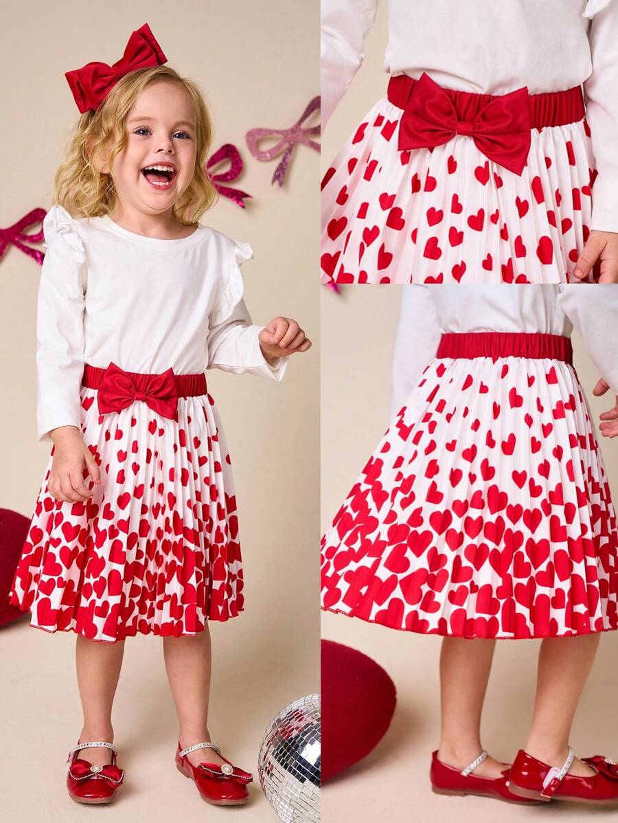 SHEIN Váy bé gái in hình trái tim đỏ và nơ trang trí, thích hợp mặc đi làm và dự tiệc Valentine. - Đỏ - Xem 1