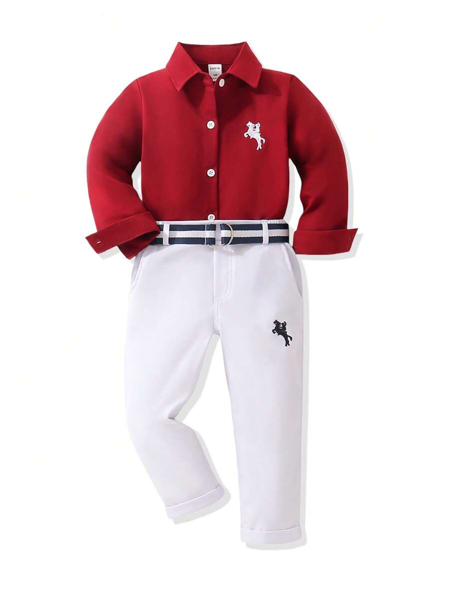 SHEIN 2 件套纯色上衣和裤子,适合年轻男孩的简约时尚休闲日常服装 - 酒紅色 - 查看 1