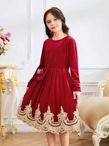 Girls' Round Neck Gathering Long Sleeve Casual Loose Dress - Red - View 4