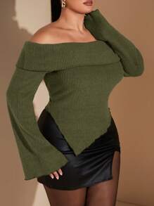 SHEIN BAE Áo lót bó sát tay dài một bên vai màu xám trơn cỡ lớn dành cho nữ, thích hợp mặc nhiều lớp trong mùa thu/đông, hẹn hò lãng mạn, dịp trang trọng, tiệc tùng, đi làm hàng ngày, đi chơi buổi tối, mặc váy - xanh quân đội - Xem 8