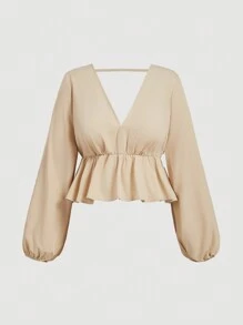 SHEIN MOD V-Neck Long Sleeve Bowknot Back Plus Size Short Women Blouse, Black & Khaki,Puffed Long Sleeves, Short Dress Length,Valentines