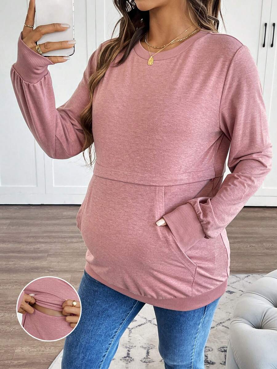SHEIN Pregnant Women Round Neck Long Sleeve Pocket Plain Sweatshirt, Casual Daily Wear - Pink - View 1