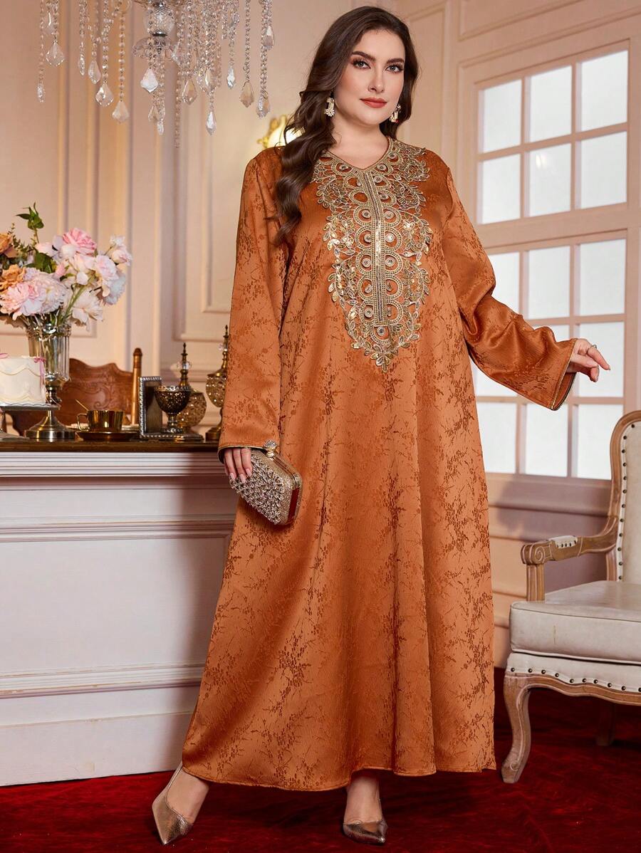 Al Najma 大码优雅提花面料传统金色串珠领阿拉伯风格服装