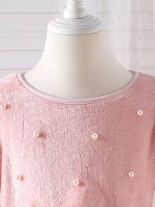Young Girl Luxurious Double-Sided Plush Fabric Decorated Pearl Patchwork Tulle Layered Thick Dress - Pink - View 3