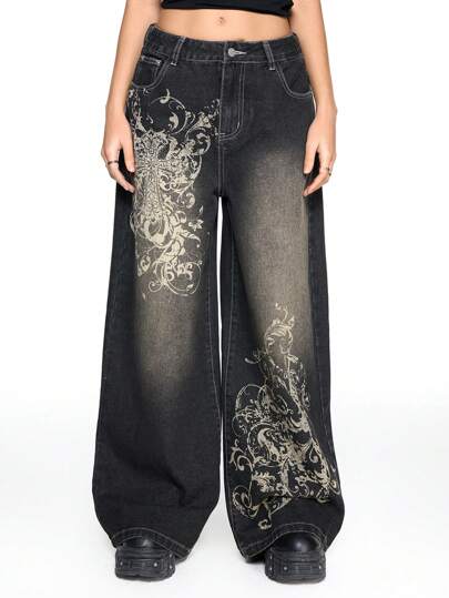 ROMWE Grunge Punk Jeans de mujer de talle bajo con estampado de cruz y vid, con efecto desgastado y vintage, de corte holgado y estilo callejero grunge