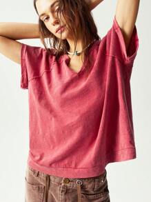 Bohemela 女士纯色 V 领短袖宽松水洗棉质 T 恤，休闲 - 紅色 - 查看 2