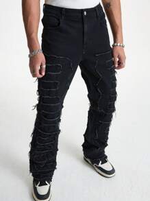 Manfinity EMRG Quần ống loe denim đen rách vát cho nam - màu đen - Xem 4