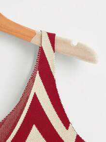 SHEIN EZwear 女士 V 领无袖条纹休闲针织上衣 - 紅色 - 查看 4