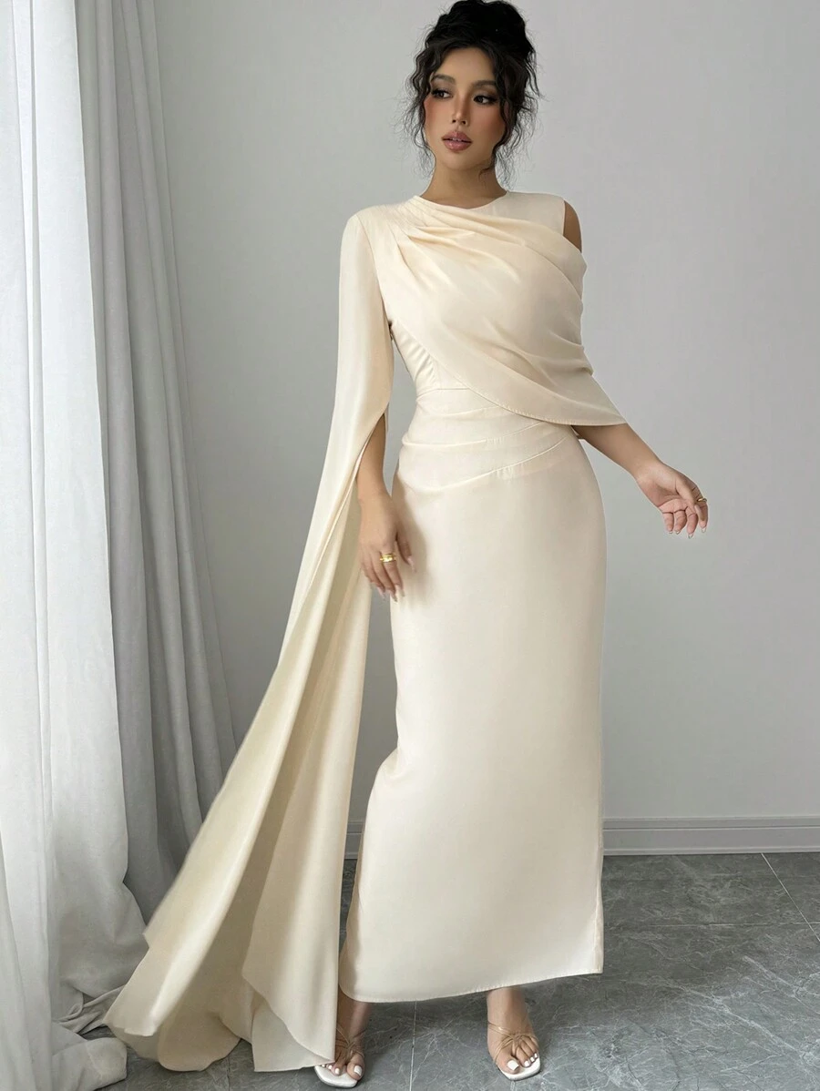 Rafferiza Vestido elegante francés de mujer de unicolor, cuello redondo, un hombro, manga extra larga con abertura, con pliegues - Albaricoque - Ver 1