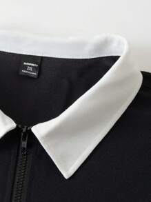 Manfinity Mode 大码男式纯色拼布前拉链长袖休闲高尔夫 Polo 衫 - 黑與白 - 查看 4