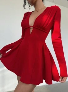 Aloruh Vestido rojo corto de manga larga con cuello en V de unicolor para mujer, moda minimalista casual para uso diario - Rojo - Ver 2