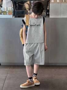 DAZY 2pcs Tween Boys Solid Color Patched Round Neck Letter Print Simple Top And Pants Set,Back To School Clothes