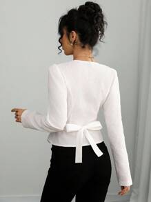 Chiquease Women's White Elegent Work Blouse,French Style V-Neck Patchwork Tie Waist A-Line V-Hem Gigot Sleeve Textured Long Sleeve Blouse For Autumn Commuting - White - View 2