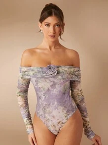 SHEIN Unity Off Shoulder Floral Print Long Sleeve Bodysuit - Multicolor - View 1