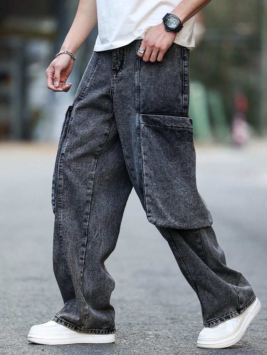 Manfinity Homme Men's Loose Fit Wide Leg Baggy Jeans With Large Pockets - Grey - View 1