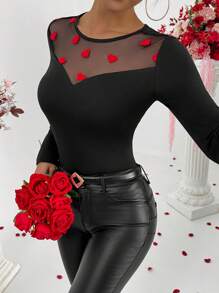 Calvaya Camiseta de manga larga con cuello redondo, ajustada, para mujer, con panel de malla en contraste en forma de corazón
