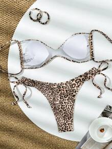 Summer Women's Sexy Leopard Print Backless Triangle Bikini Set, Adjustable Spaghetti Straps, Wireless Cup Design, Vacation Style