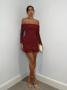 SHEIN BAE Váy ngắn hở vai gợi cảm tay dài xếp nếp lưới màu trơn cho nữ, thanh lịch, ngọt ngào, thích hợp cho các buổi tụ tập trà chiều, đi chơi thời trang, hẹn hò, đi chơi ngọt ngào, đi chơi đêm, tiệc Giáng sinh, đêm giao thừa, trang phục ngày lễ cho phụ nữ, váy dài tay, trang phục gợi cảm cho phụ nữ, trang phục câu lạc bộ cho phụ nữ, váy ngắn tay dài - Màu Đỏ Sâu - Xem 4